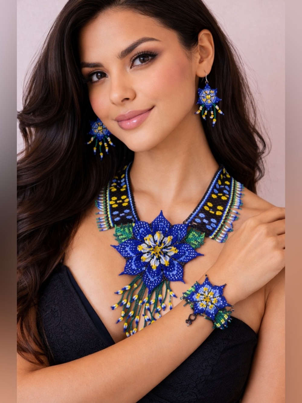 Handmade Blue (multicolor) Beaded Floral Jewelry Set